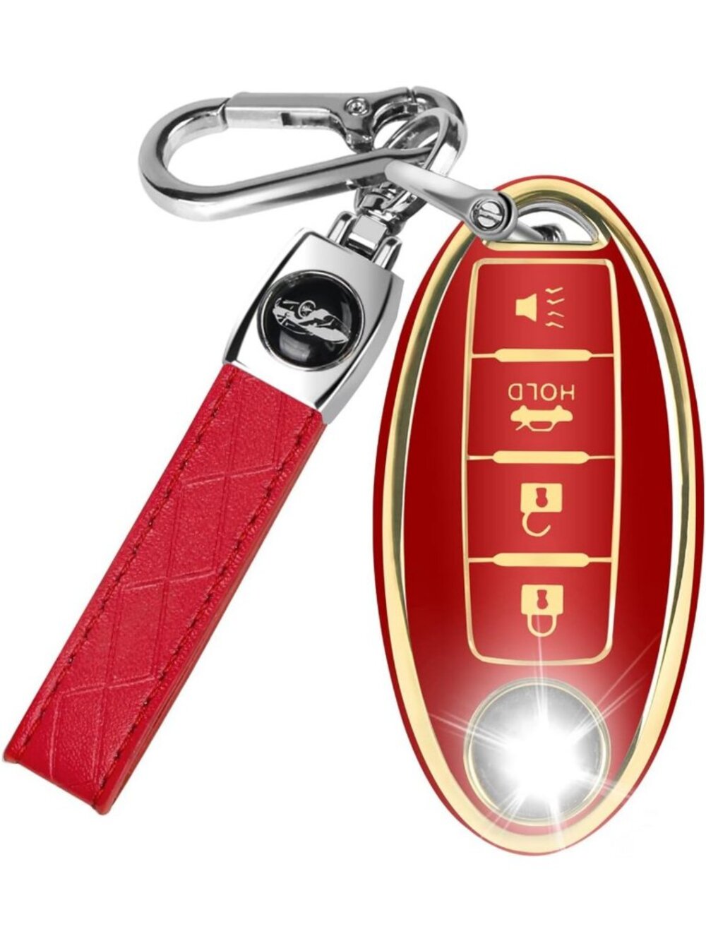 Stylish Red 4 Button Key Fob Cover - Soft TPU Key Case with Leather Keychain